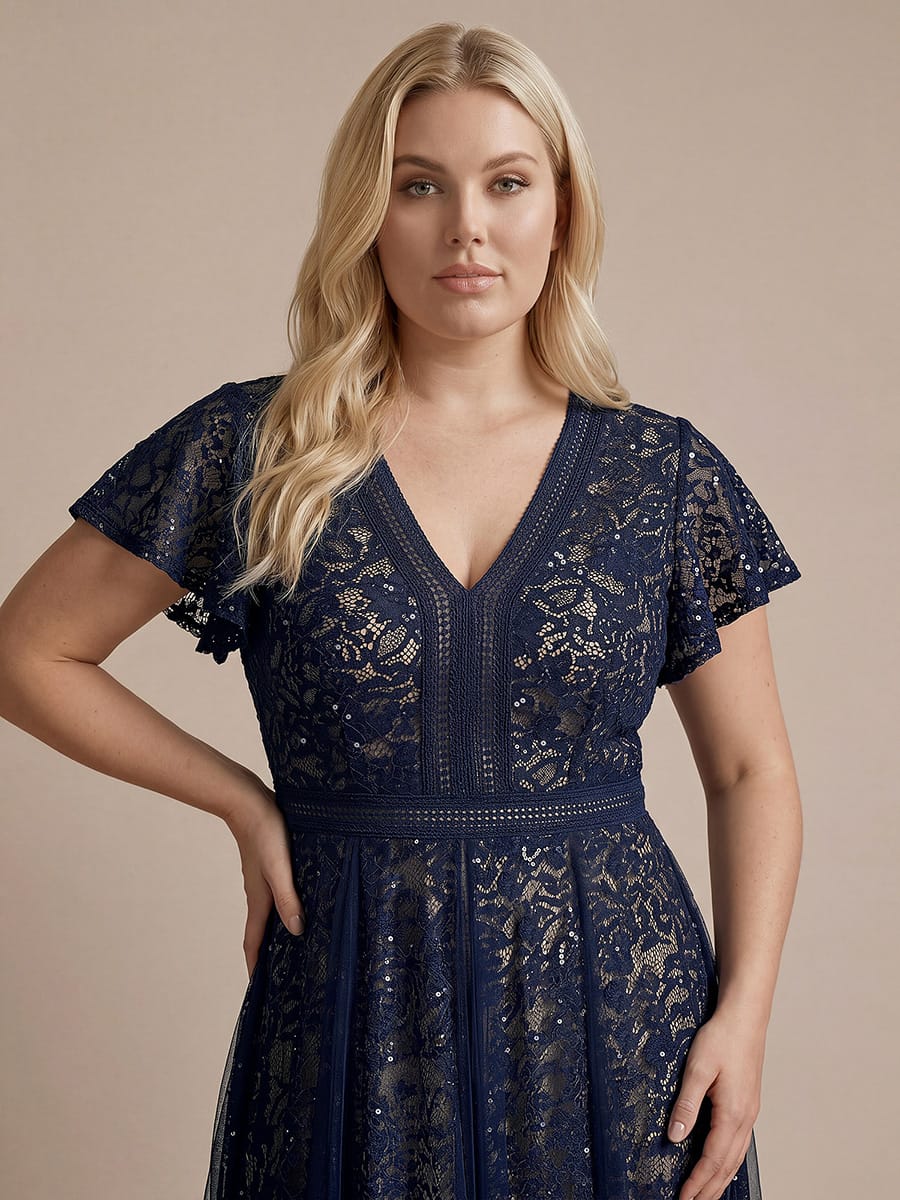 Ruffled Lace Ruffle Sleeve Dress #color_Navy Blue