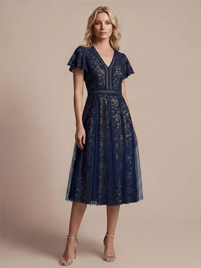 Elegant Ruffled Lace Sleeve Midi Wedding Guest Dress for Special