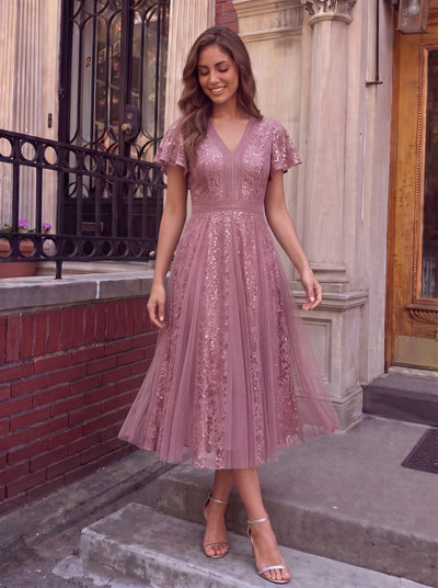Elegant Lace Ruffle Sleeve Midi Dress Formal Wedding Guest Dress