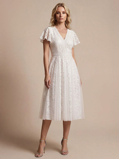Elegant Lace Ruffle Sleeve Midi Dress Formal Wedding Guest Dress