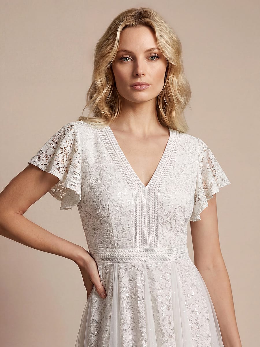 Ruffled Lace Ruffle Sleeve Dress #color_White