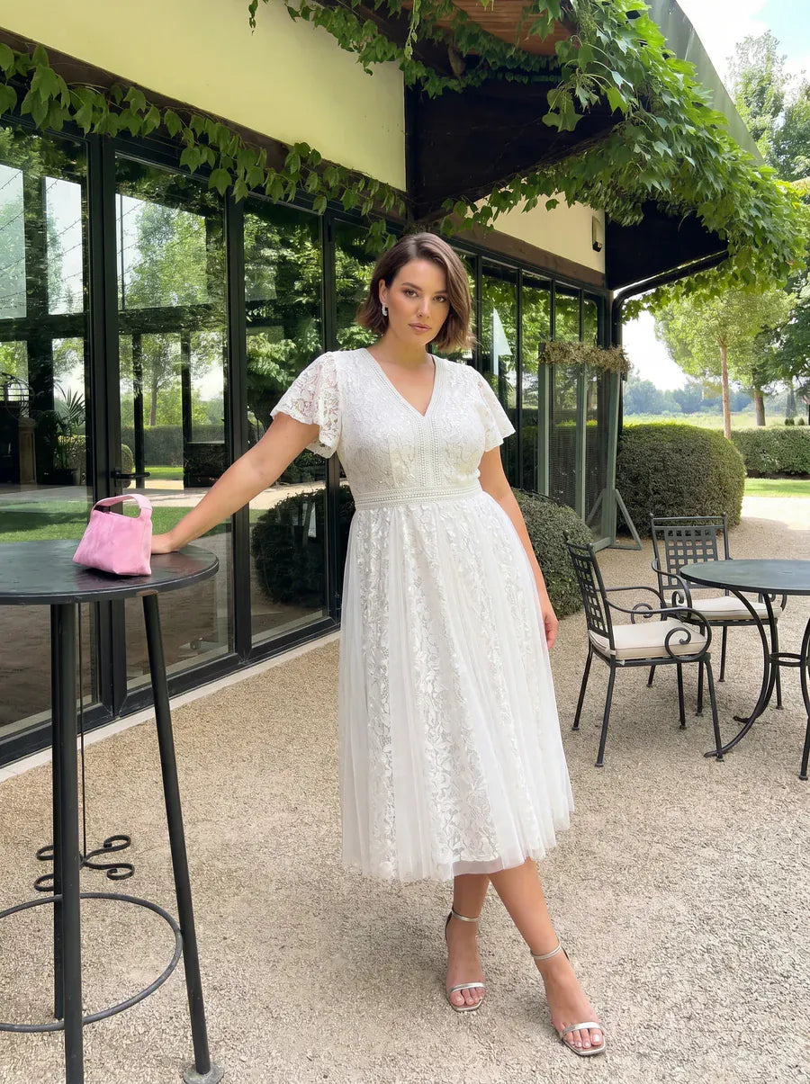 Ruffled Lace Ruffle Sleeve Dress #color_White