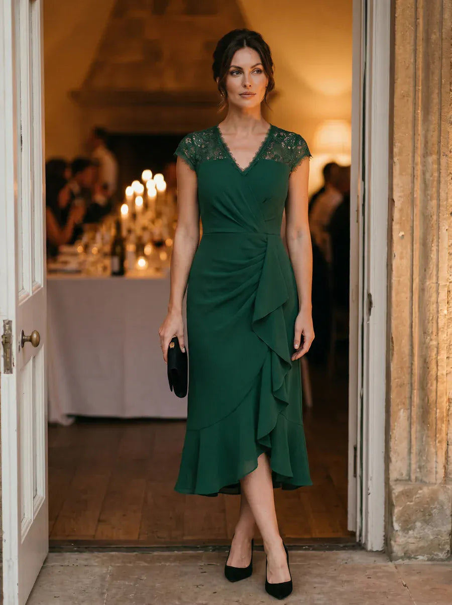 Lace Cap Sleeve Mermaid Dress #color_Dark Green