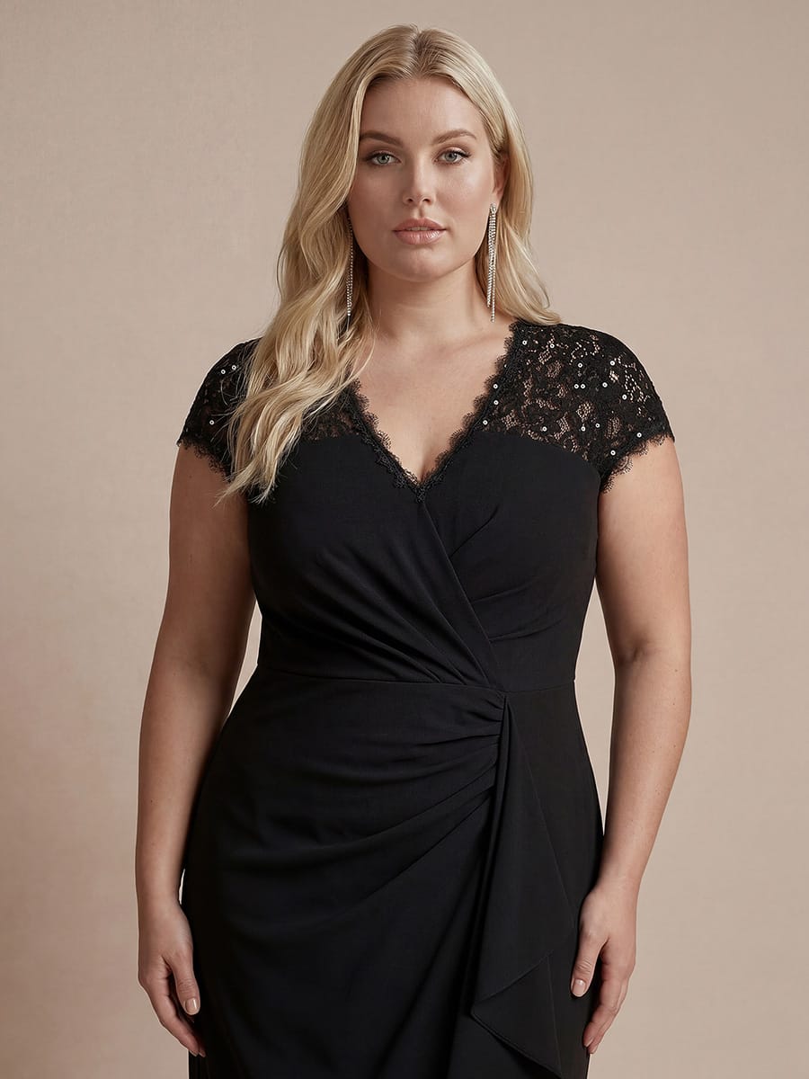 Lace Cap Sleeve Mermaid Dress #color_Black