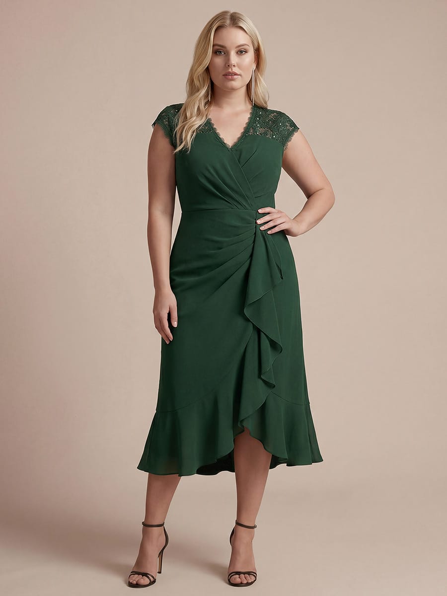 Lace Cap Sleeve Mermaid Dress #color_Dark Green