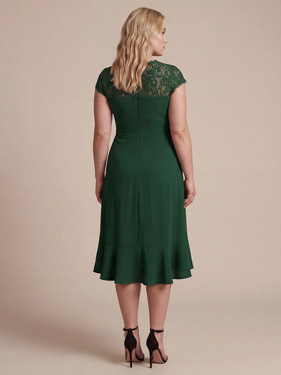 Plus Size Elegant Cap Sleeve Lace Patchwork Midi Mermaid Wedding Guest Dress