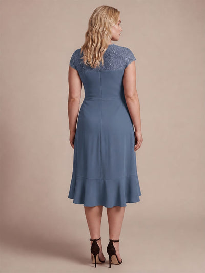 Plus Size Elegant Cap Sleeve Lace Patchwork Midi Mermaid Wedding Guest Dress