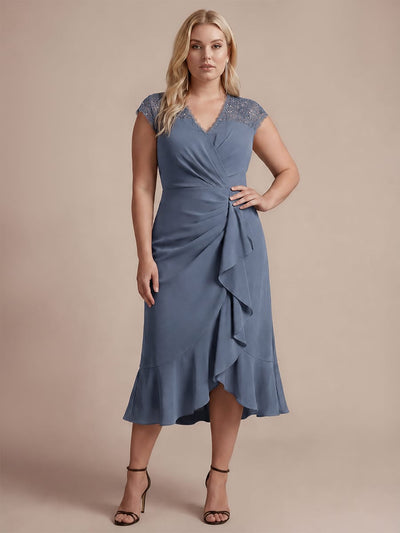 Plus Size Elegant Cap Sleeve Lace Patchwork Midi Mermaid Wedding Guest Dress