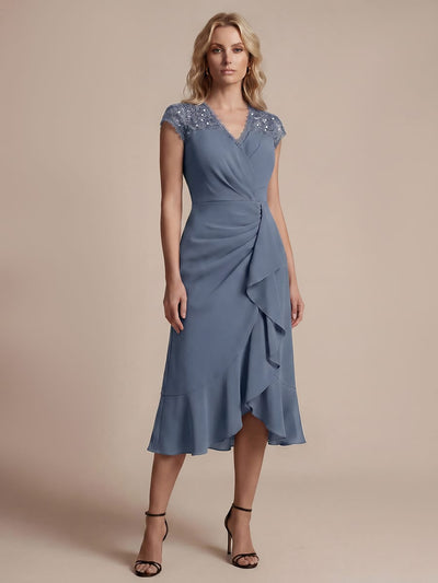 Elegant Cap Sleeve Lace Patchwork Midi Mermaid Wedding Guest Dress