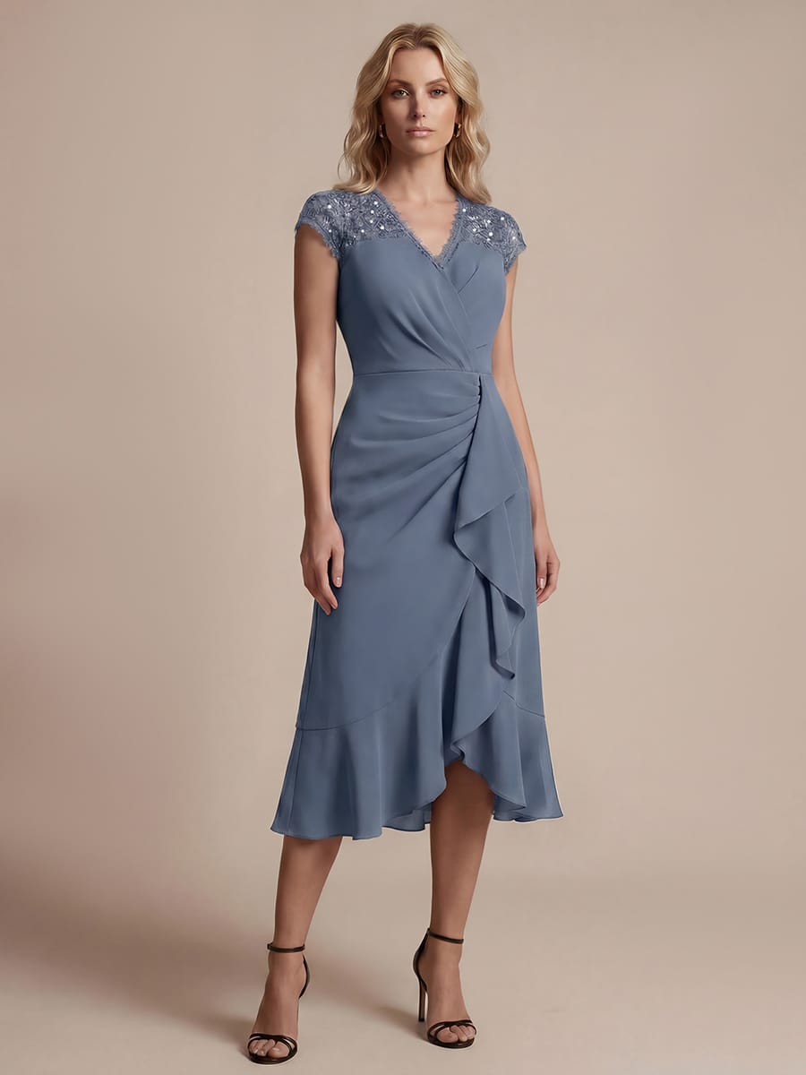 Lace Cap Sleeve Mermaid Dress #color_Dusty Blue