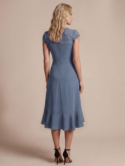 Elegant Cap Sleeve Lace Patchwork Midi Mermaid Wedding Guest Dress