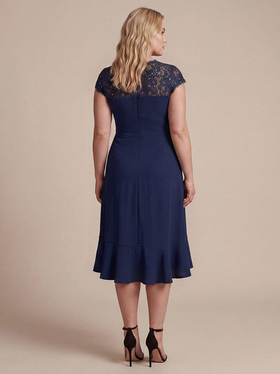 Plus Size Elegant Cap Sleeve Lace Patchwork Midi Mermaid Wedding Guest Dress