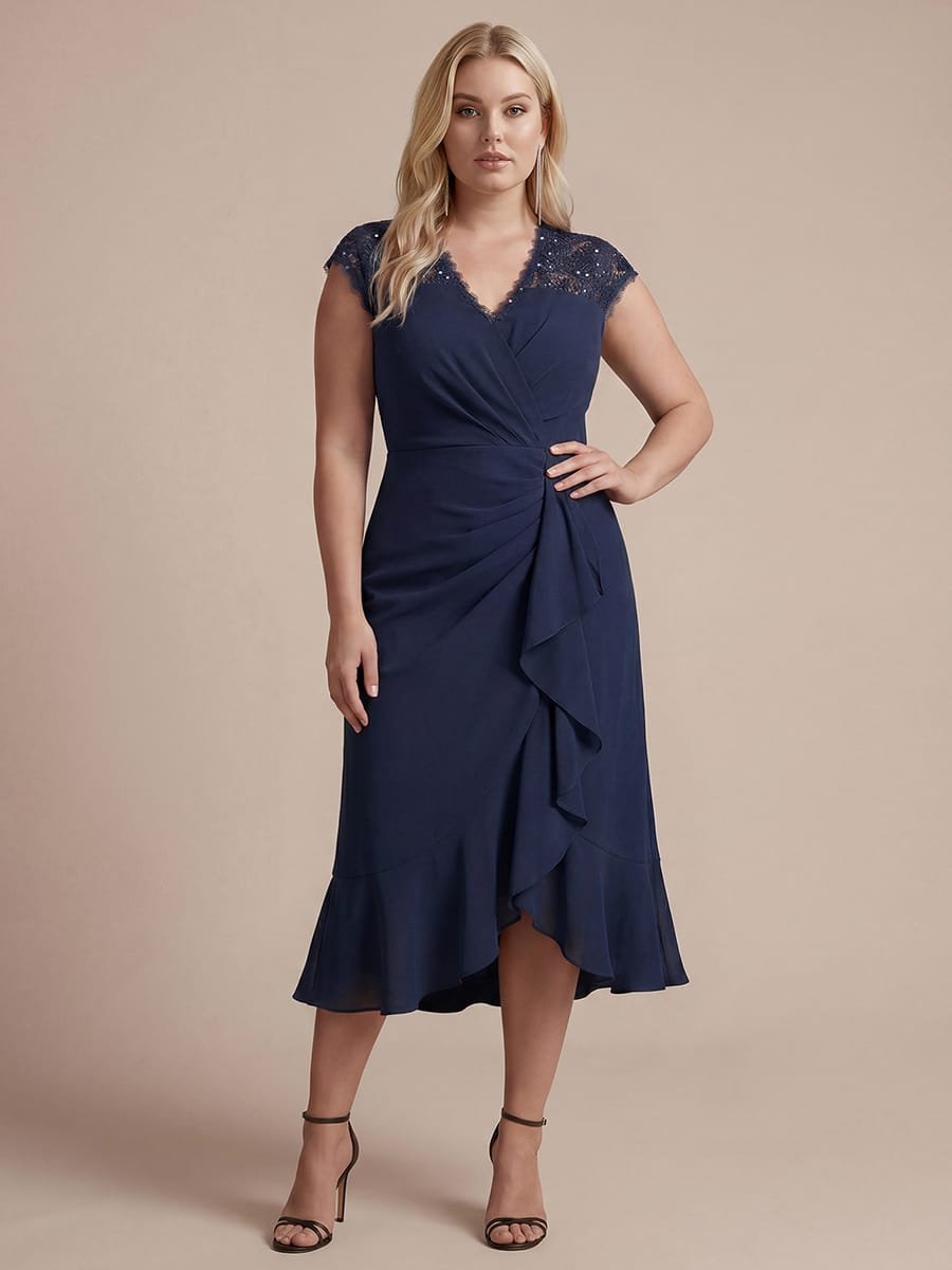 Lace Cap Sleeve Mermaid Dress #color_Navy Blue