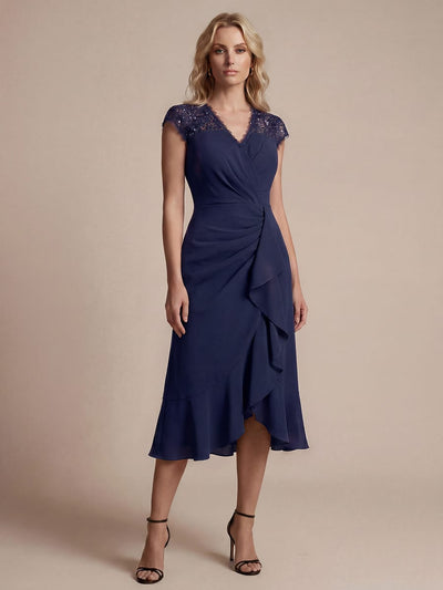 Elegant Cap Sleeve Lace Patchwork Midi Mermaid Wedding Guest Dress