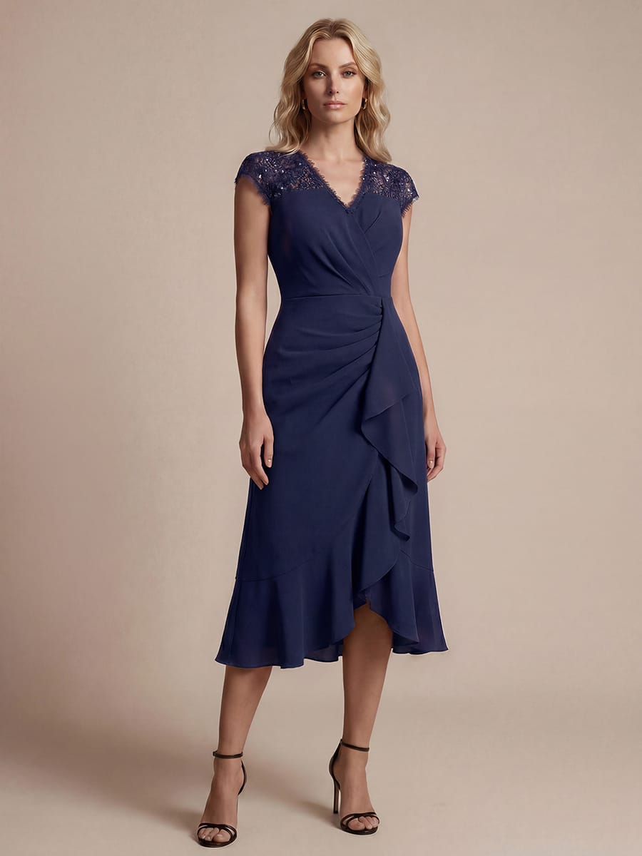 Lace Cap Sleeve Mermaid Dress #color_Navy Blue