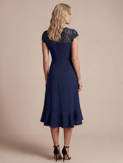Elegant Cap Sleeve Lace Patchwork Midi Mermaid Wedding Guest Dress