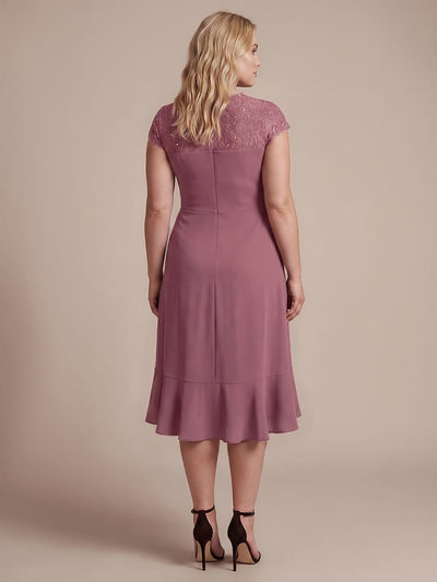 Plus Size Elegant Cap Sleeve Lace Patchwork Midi Mermaid Wedding Guest Dress