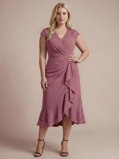Plus Size Elegant Cap Sleeve Lace Patchwork Midi Mermaid Wedding Guest Dress
