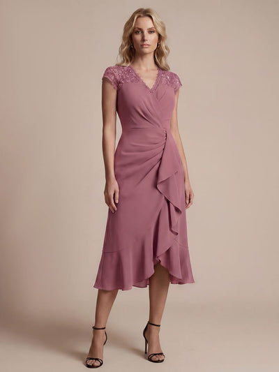 Elegant Cap Sleeve Lace Patchwork Midi Mermaid Wedding Guest Dress