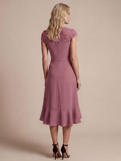 Elegant Cap Sleeve Lace Patchwork Midi Mermaid Wedding Guest Dress