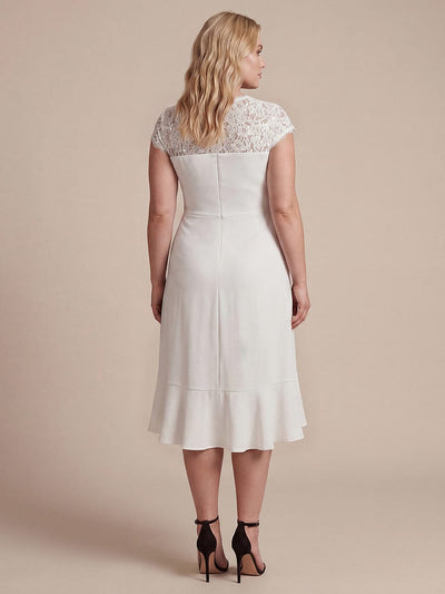 Plus Size Elegant Cap Sleeve Lace Patchwork Midi Mermaid Wedding Guest Dress