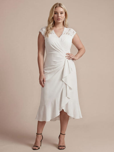 Plus Size Elegant Cap Sleeve Lace Patchwork Midi Mermaid Wedding Guest Dress