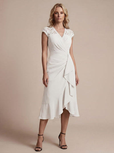 Elegant Cap Sleeve Lace Patchwork Midi Mermaid Wedding Guest Dress