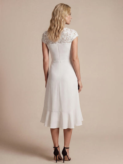 Elegant Cap Sleeve Lace Patchwork Midi Mermaid Wedding Guest Dress