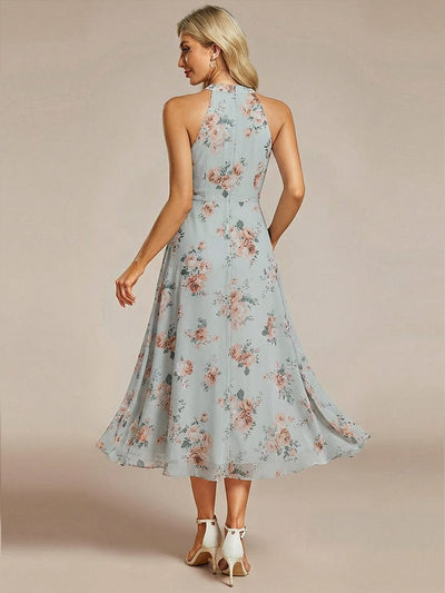 Midi A Line Sleeveless Halter Neck Evening Dress in Chiffon #color_Amber Bloom