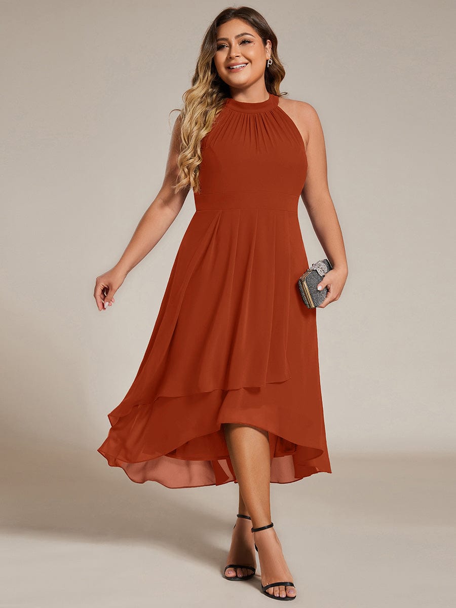 Midi A Line Sleeveless Halter Neck Wedding Guest Dress in Chiffon #color_Burnt Orange
