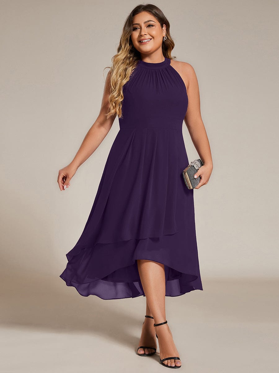 Midi A Line Sleeveless Halter Neck Wedding Guest Dress in Chiffon #color_Dark Purple
