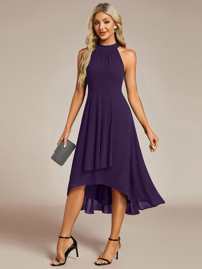 Midi A Line Sleeveless Halter Neck Wedding Guest Dress in Chiffon #color_Dark Purple