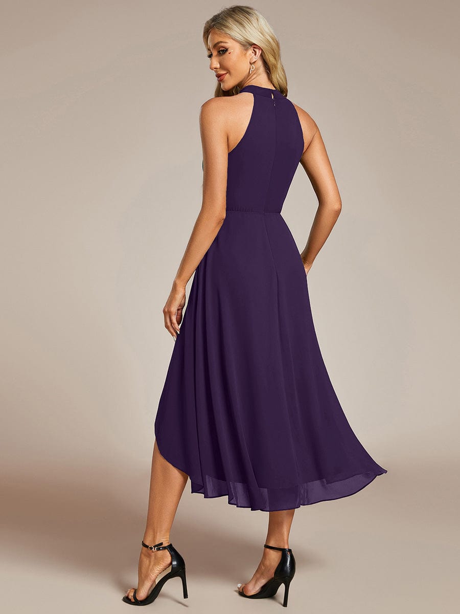Midi A Line Sleeveless Halter Neck Wedding Guest Dress in Chiffon #color_Dark Purple