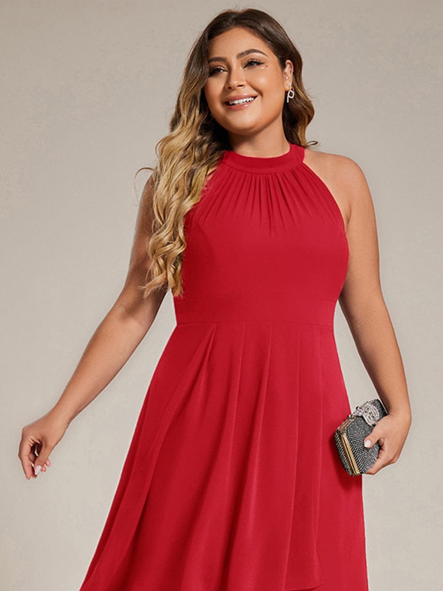 Midi A Line Sleeveless Halter Neck Wedding Guest Dress in Chiffon #color_Red