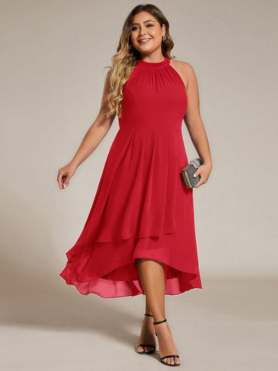 Midi A Line Sleeveless Halter Neck Wedding Guest Dress in Chiffon #color_Red