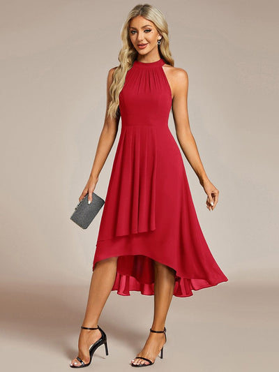 Midi A Line Sleeveless Halter Neck Evening Dress in Chiffon #color_Red
