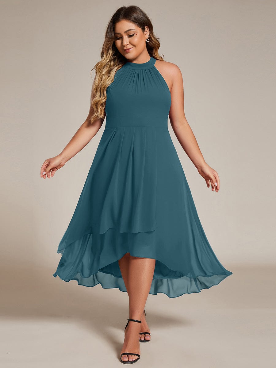 Midi A Line Sleeveless Halter Neck Wedding Guest Dress in Chiffon #color_Teal
