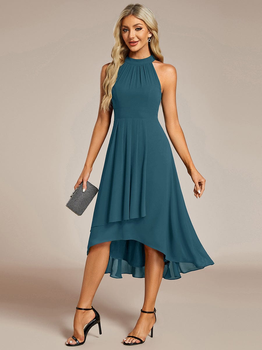 Midi A Line Sleeveless Halter Neck Wedding Guest Dress in Chiffon #color_Teal