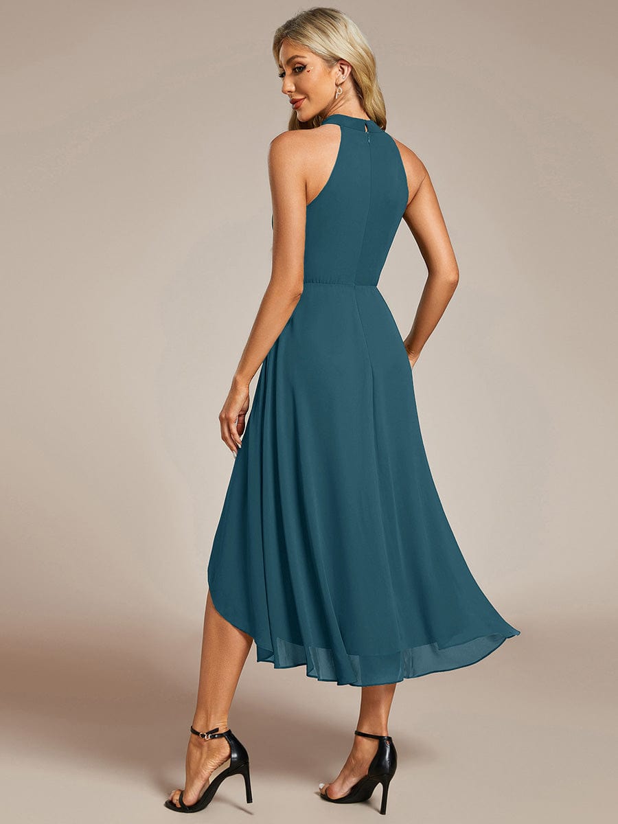Midi A Line Sleeveless Halter Neck Wedding Guest Dress in Chiffon #color_Teal