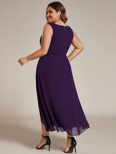 Plus Size Sleeveless Chiffon High-Low Wedding Guest Dress with Waist Applique #color_Dark Purple