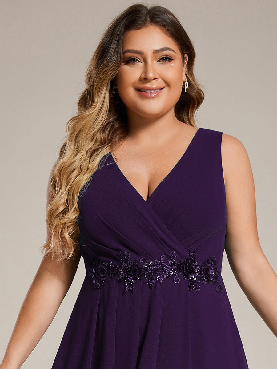 Sleeveless Chiffon High-Low Wedding Guest Dress with Waist Applique #color_Dark Purple