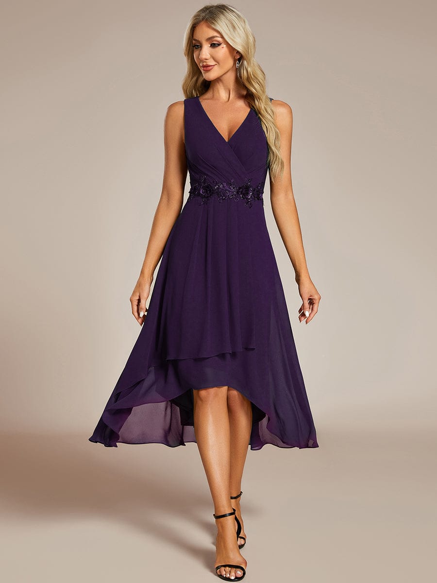 Sleeveless Chiffon High-Low Wedding Guest Dress with Waist Applique #color_Dark Purple