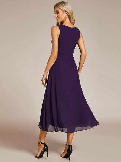 Sleeveless Chiffon High-Low Wedding Guest Dress with Waist Applique #color_Dark Purple