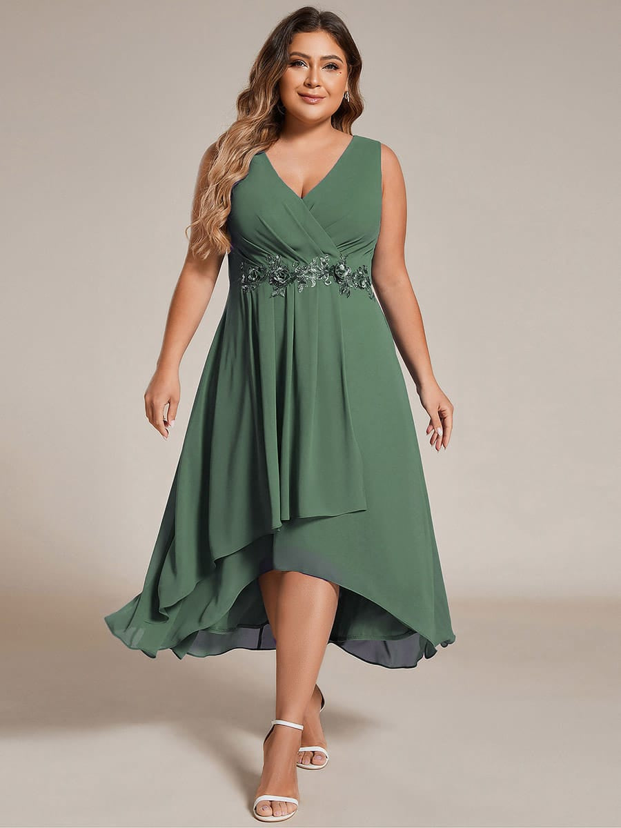 Sleeveless Chiffon High-Low Wedding Guest Dress with Waist Applique #color_Eucalyptus Green