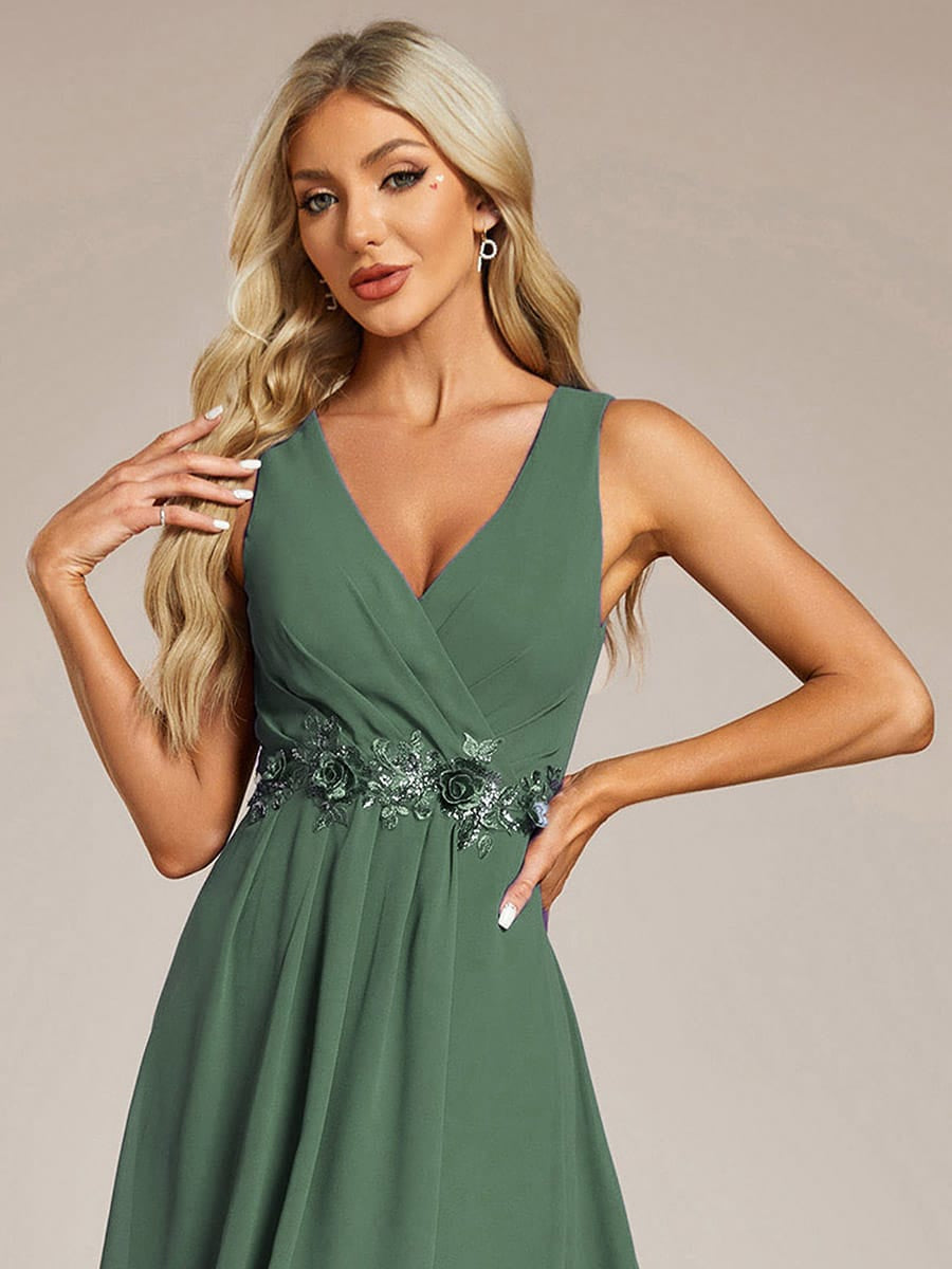 Sleeveless Chiffon High-Low Wedding Guest Dress with Waist Applique #color_Eucalyptus Green