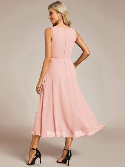 Sleeveless Chiffon High-Low Wedding Guest Dress with Waist Applique #color_Pink
