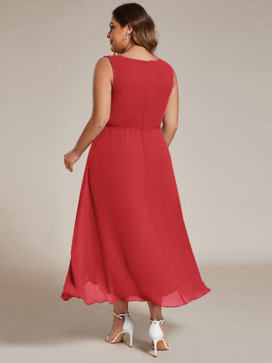 Sleeveless Chiffon High-Low Wedding Guest Dress with Waist Applique #color_Red
