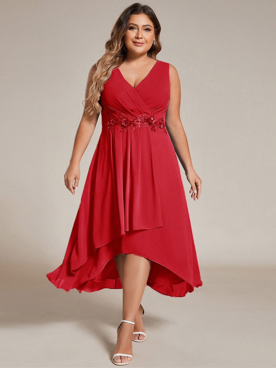 Sleeveless Chiffon High-Low Wedding Guest Dress with Waist Applique #color_Red