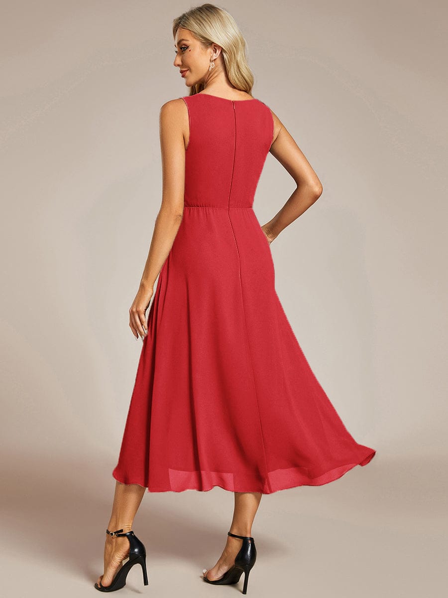 Sleeveless Chiffon High-Low Wedding Guest Dress with Waist Applique #color_Red