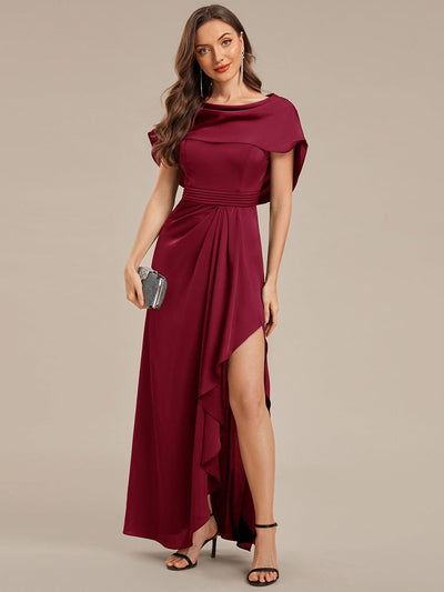 Convertible Satin Drop Shoulder Sleeve Mother of the Bride Dress #color_Burgundy